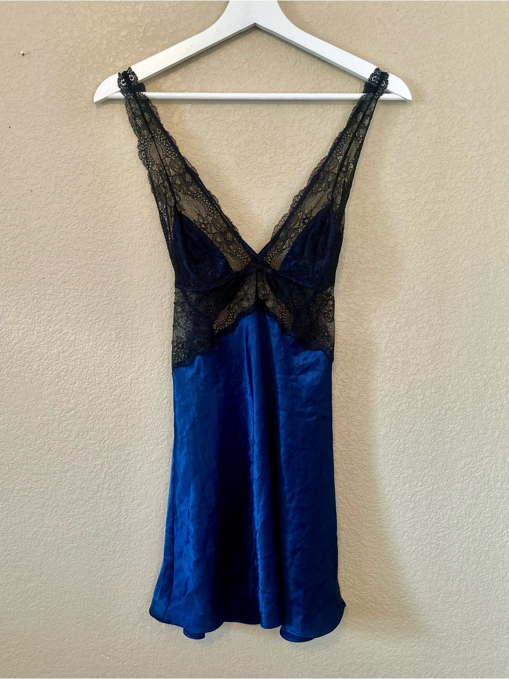 Victoria’s Secret M Blue Satin Black Lace Slip Dress Lingerie Babydoll